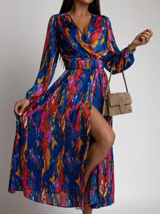 Colorful Bright Split Hem Printed Long Sleeve Plus Dress