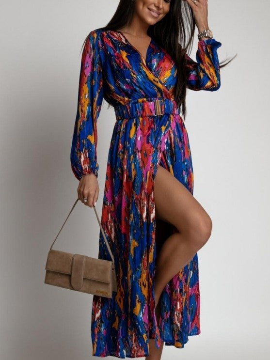 Colorful Bright Split Hem Printed Long Sleeve Plus Dress