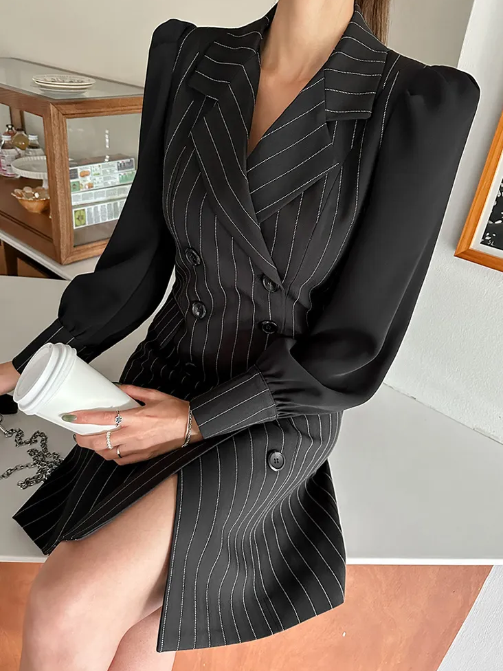 Corporate Fashion Formal Double Breasted Stripped Black Dress