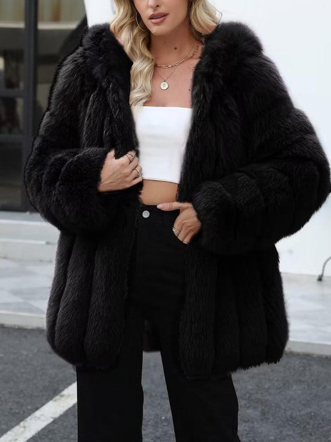 Cozy Winter Lapel Long Sleeve Loose Black Coat