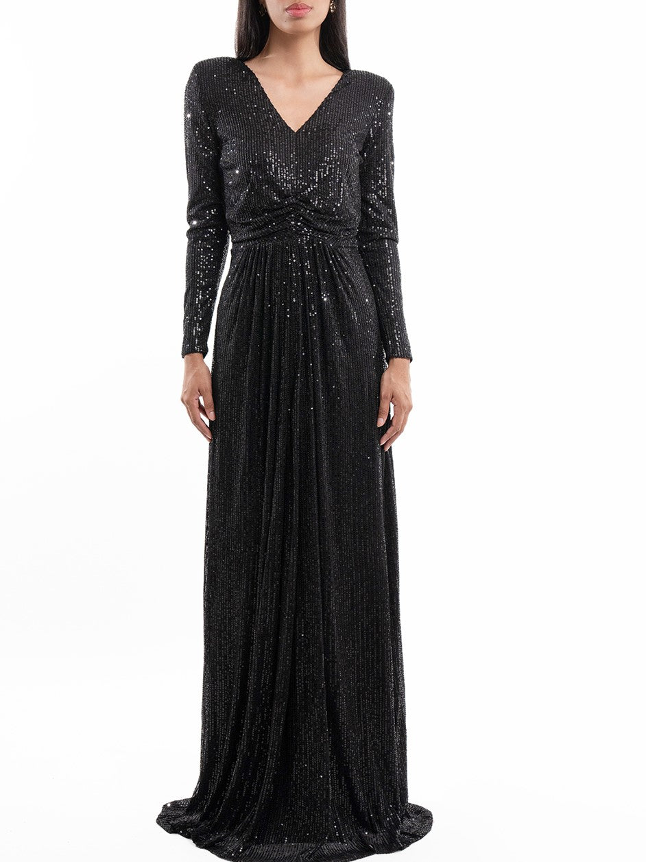 Dazzling Black Sequin V Neck Long Party Dress