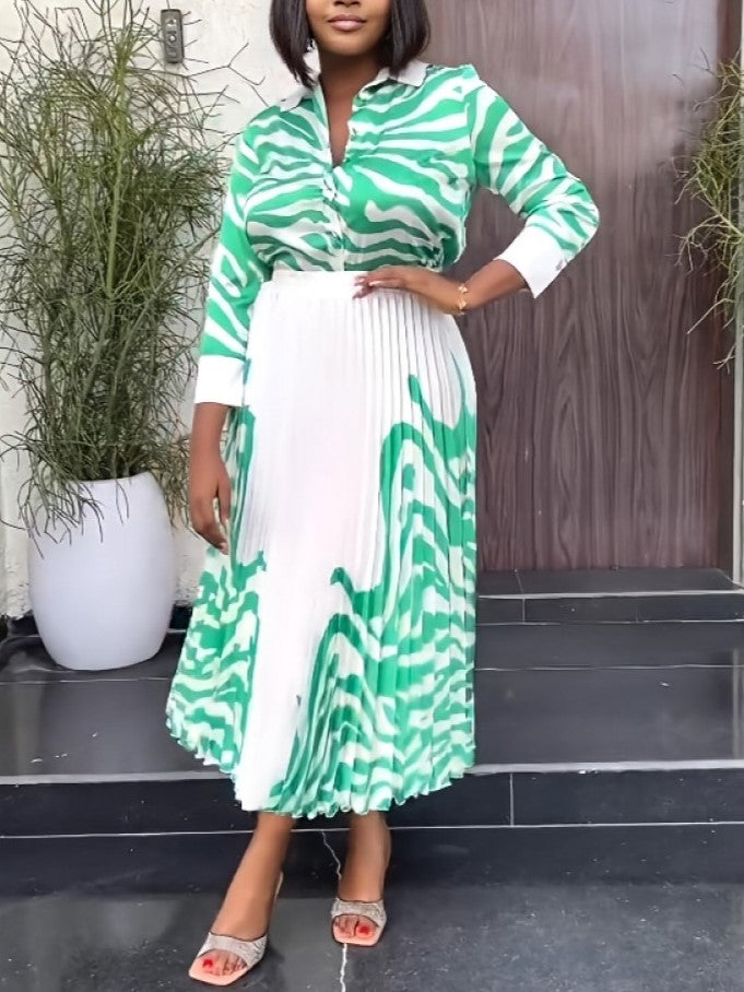 Dressy Zebra Print Pleated Skirt With Green Shirt Set