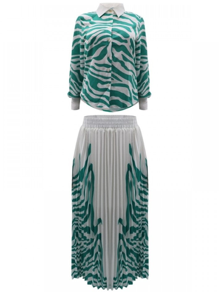 Dressy Zebra Print Pleated Skirt With Green Shirt Set - Ships in 24 Hrs