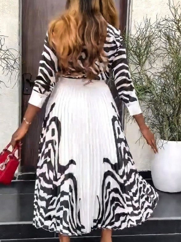 Dressy Zebra Print Pleated Skirt With Black Shirt Set