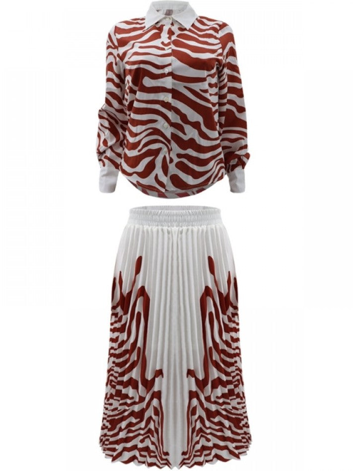Dressy Zebra Print Pleated Skirt With Brown Shirt Set