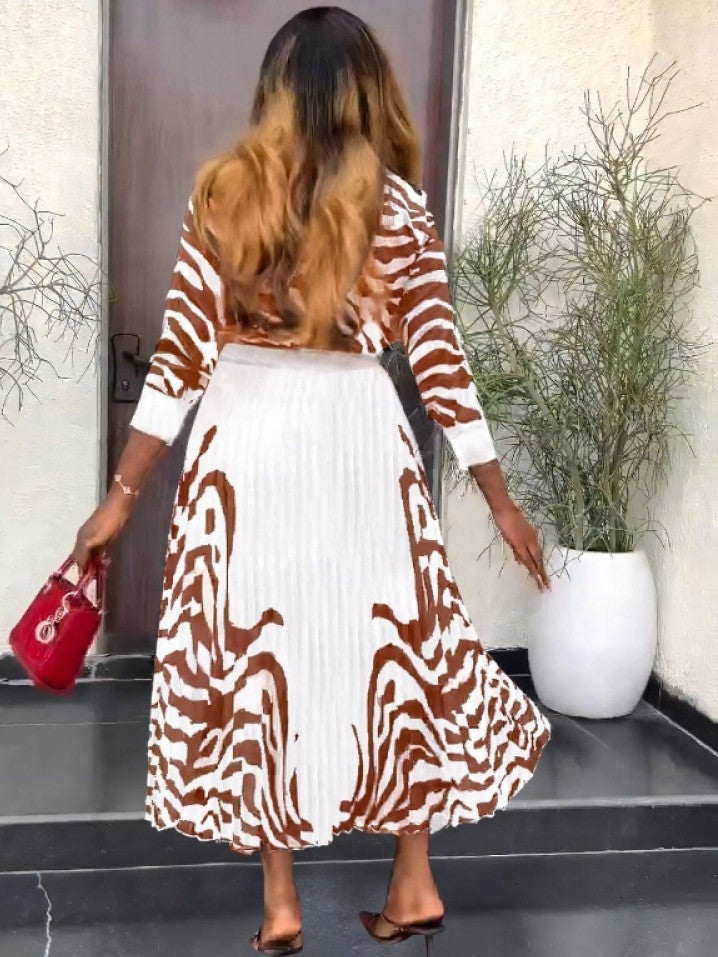 Dressy Zebra Print Pleated Skirt With Brown Shirt Set