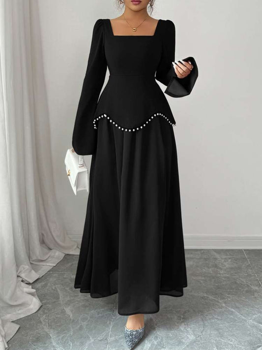 Elegant Beading Patchwork Long Sleeve Black Dress