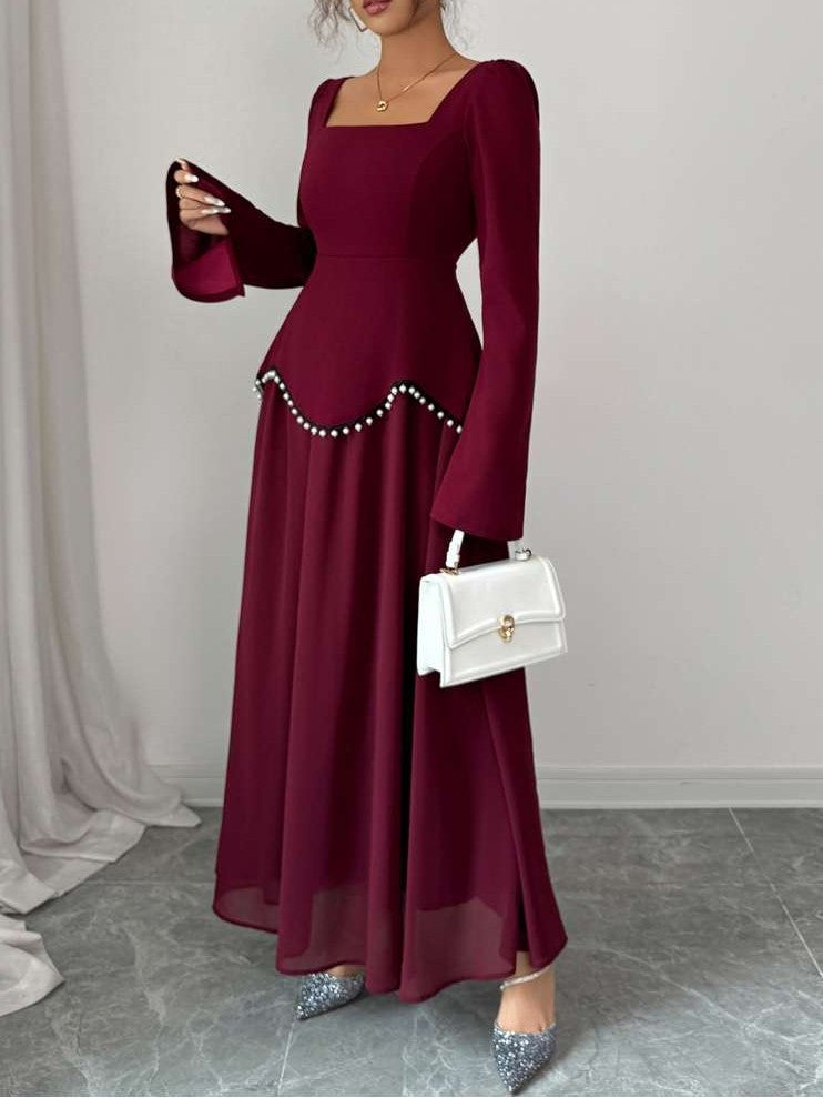 Elegant Beading Patchwork Long Sleeve Red Dress