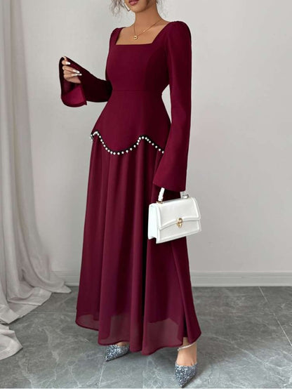 Elegant Beading Patchwork Long Sleeve Red Dress