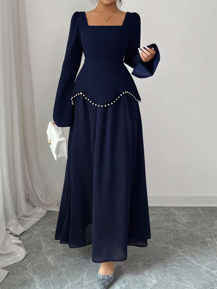 Elegant Beading Patchwork Long Sleeve Blue Dress