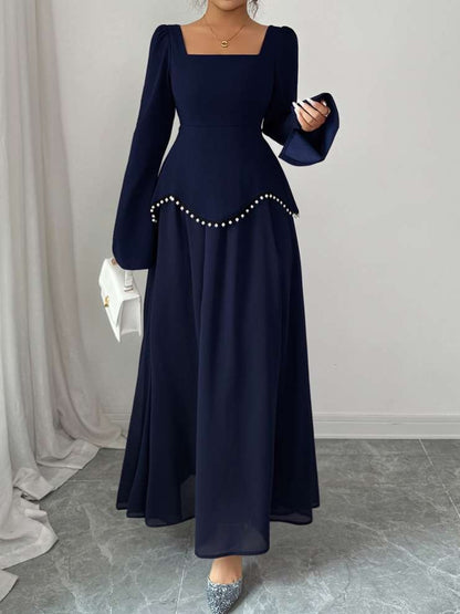 Elegant Beading Patchwork Long Sleeve Blue Dress