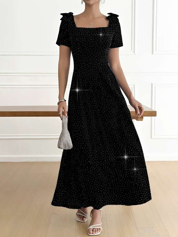 Elegant Bow Sparkle Short Sleeve Black Maxi Dress