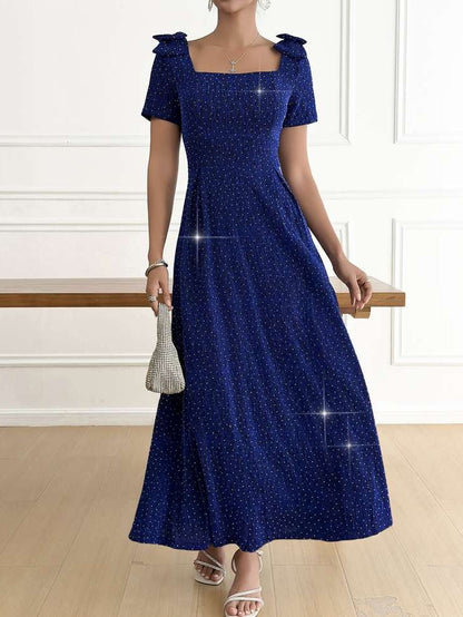 Elegant Bow Sparkle Short Sleeve Blue Maxi Dress