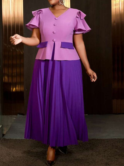 Elegant Look Contrast Color Ruffle Sleeve Pleated Purple Maxi Dress