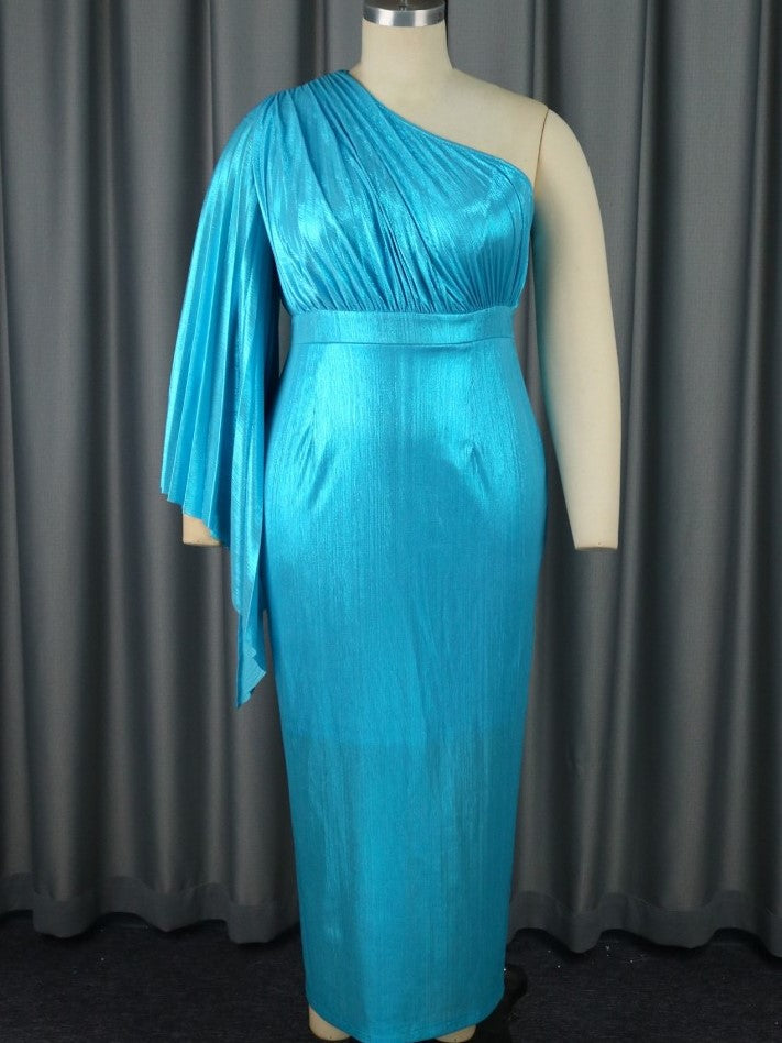 Elegant One Shoulder Fitted Party Blue Dress