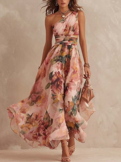 Elegant One Shoulder Floral Maxi Vacation Dress