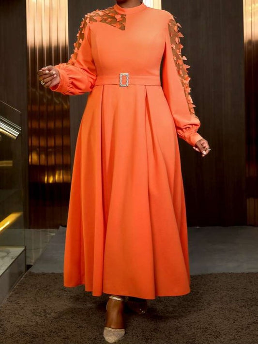 Elegant Orange Applique Patchwork Bracelet Sleeve Maxi Dress