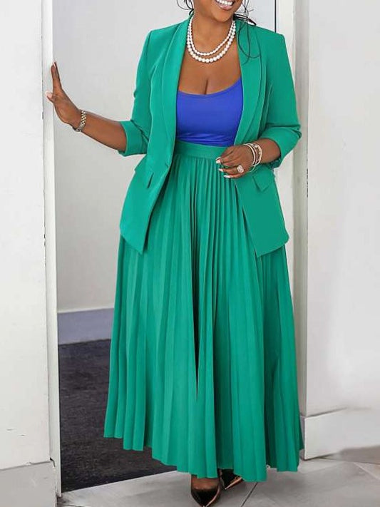 Elegant Plain Tailored Collar Blazer With Pleated Green Skirt Set