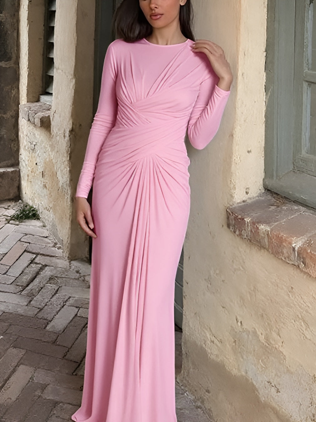 Elegant Pleated Crewneck Elasticized Pink Long Dress