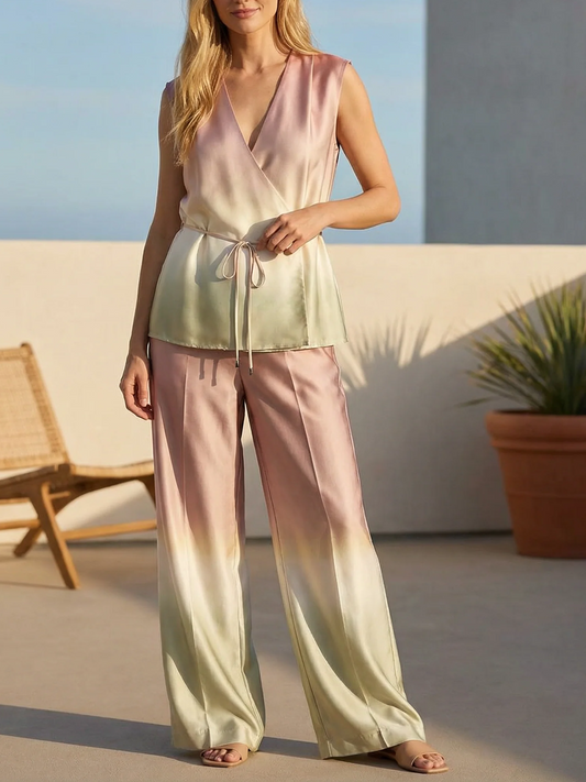 Elegant Sleeveles Ombre Wrap Top With Pants Co ord Set