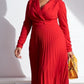 Elegant Solid Pleated Long Sleeve Red Dress