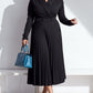Elegant Solid Pleated Long Sleeve Black Dress