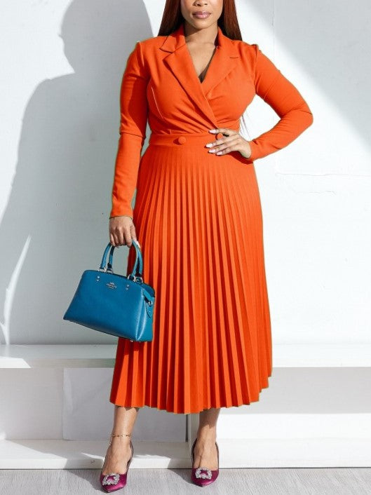 Elegant Solid Pleated Long Sleeve Orange Dress