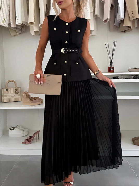 Elite Button Up Vest With Gauze Pleated Skirt Set