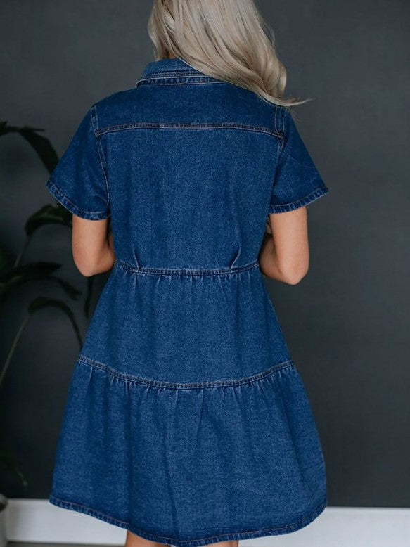 Evergreen Denim Short Sleeve Deep Blue Fitted Dress