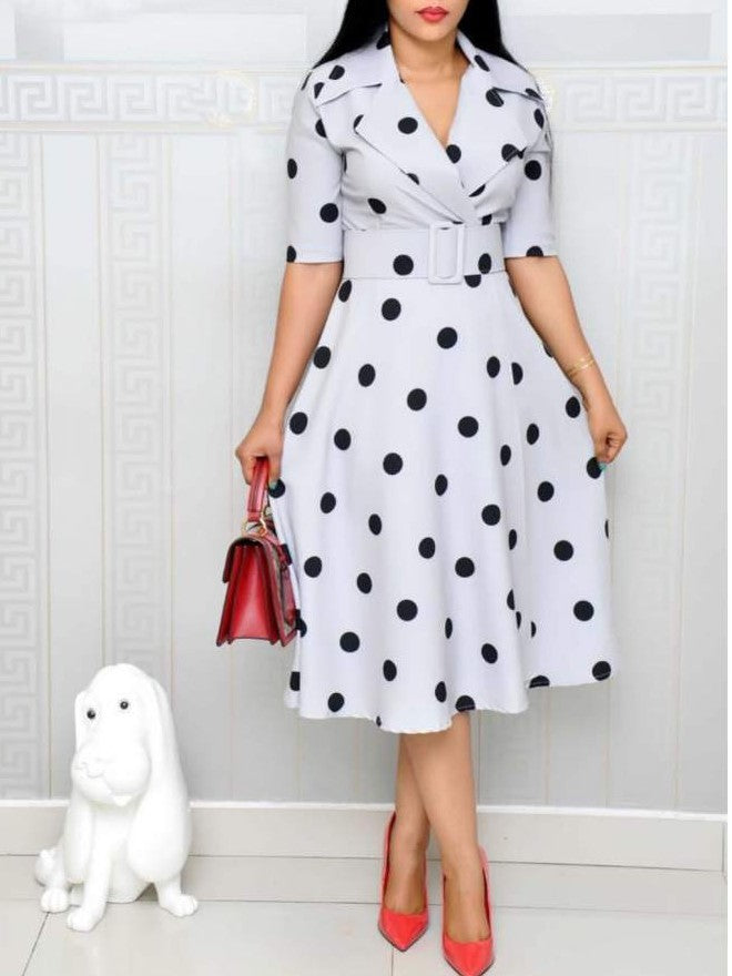 Evergreen Polka Dots Swing Lapel Midi White Dress With Belt