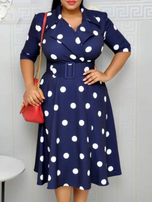 Evergreen Polka Dots Swing Lapel Midi Blue Dress With Belt