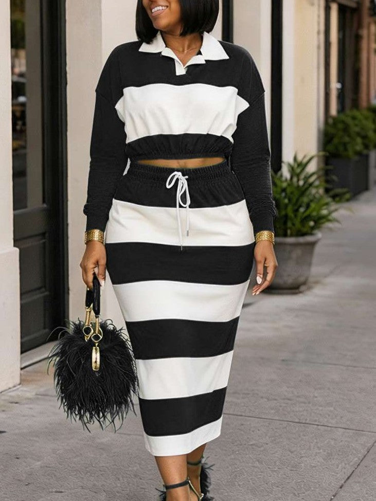 Evergreen Stripes Contrast Cropped Polo Skirt Black Co ord Set