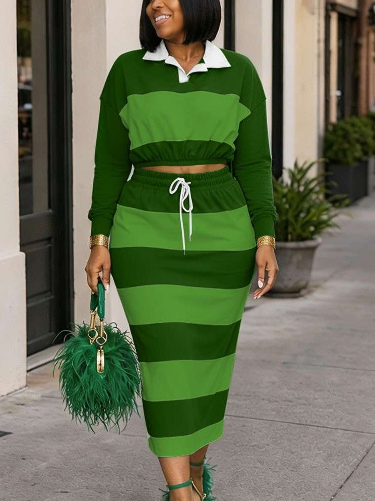 Evergreen Stripes Contrast Cropped Polo Skirt Green Co ord Set