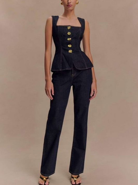Exclusive Buckle Decor Deep Blue Denim Co ord Set
