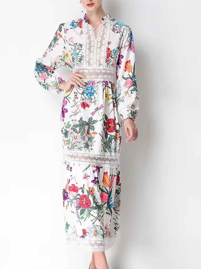 Exclusive Flower Print Hollow Out Lace Long Sleeve Dress