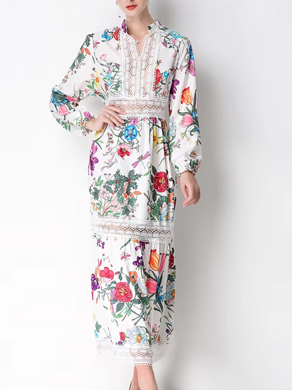Exclusive Flower Print Hollow Out Lace Long Sleeve Dress