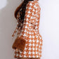 Exclusive Houndstooth Print Long Sleeve Brown Short Dress - Ships in 24 Hrs