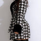Exclusive Houndstooth Print Long Sleeve Black Short Dress - Ships in 24 Hrs
