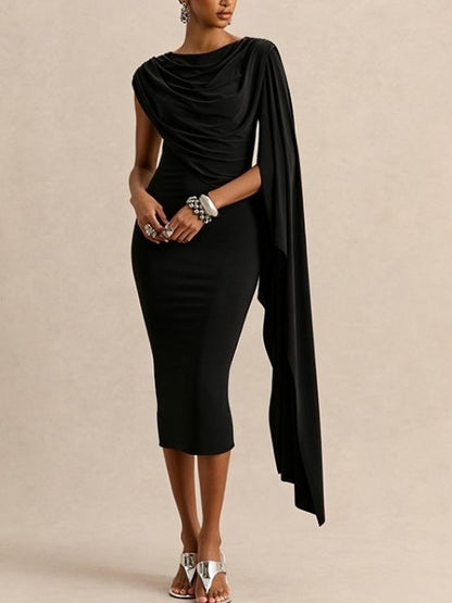 Exclusive Irregular Ruched Shawl Ribbons Midi Dress