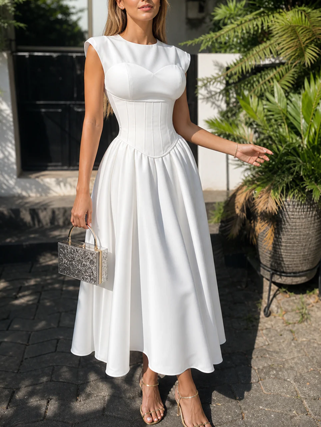 Exclusive Short Sleeve White Corset Flare Midi Dress