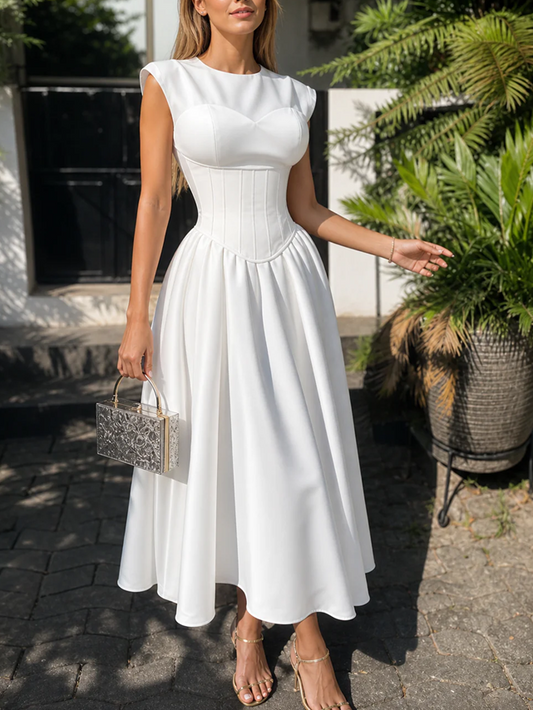 Exclusive Short Sleeve White Corset Flare Midi Dress