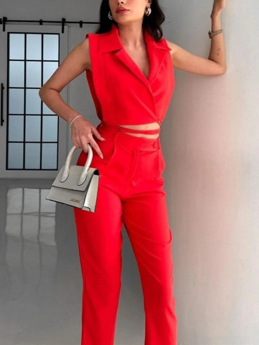 Exclusive Sleeveless Jacket With Pants Red Set