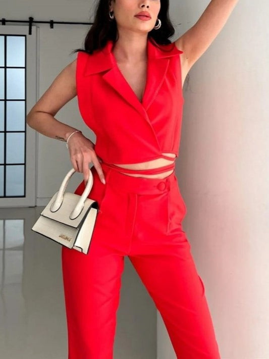 Exclusive Sleeveless Jacket With Pants Red Set