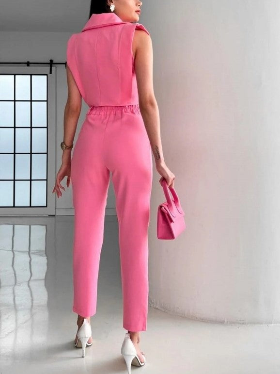 Exclusive Sleeveless Jacket With Pants Pink Set