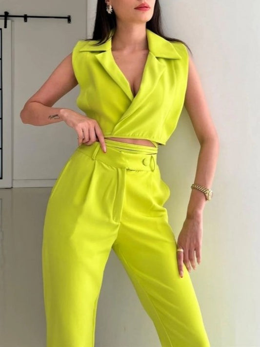 Exclusive Sleeveless Jacket With Pants Yellow Set