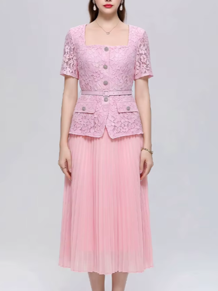 Exquisite Lace Pink Pleated Dress