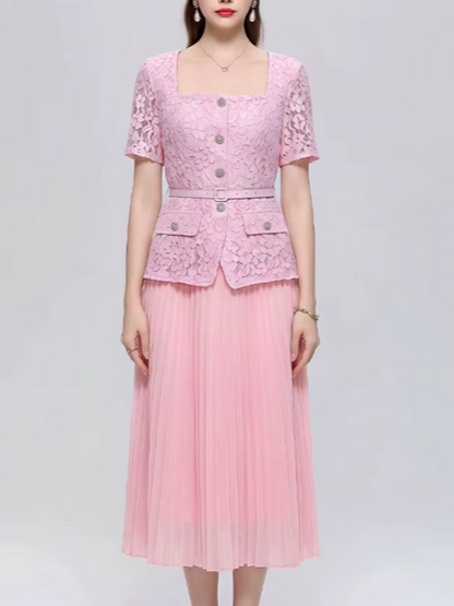 Exquisite Lace Pink Pleated Dress