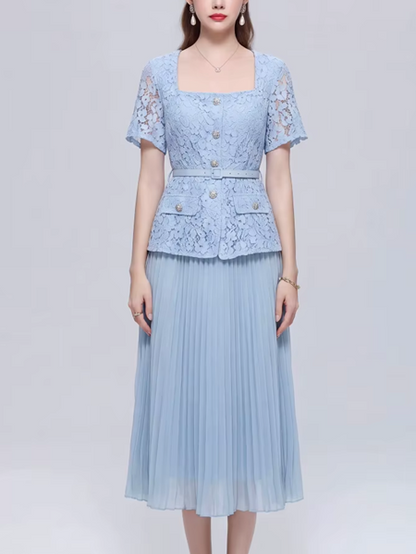 Exquisite Lace Blue Pleated Dress