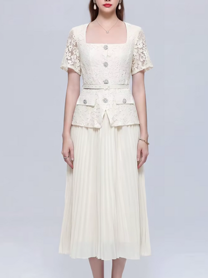 Exquisite Lace Apricot Pleated Dress