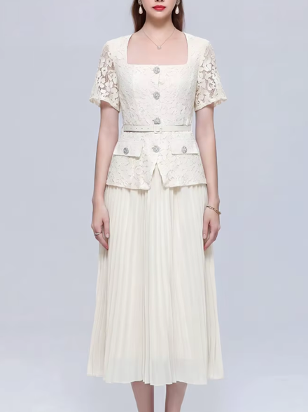 Exquisite Lace Apricot Pleated Dress
